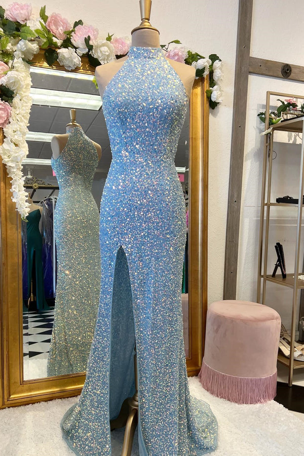 High Neck Baby Blue Sequin Mermaid Long Formal Dress