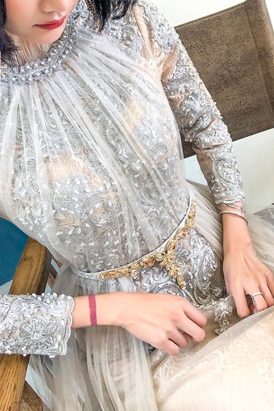 High Neck Light Champagne Long Sleeves Evening Dress