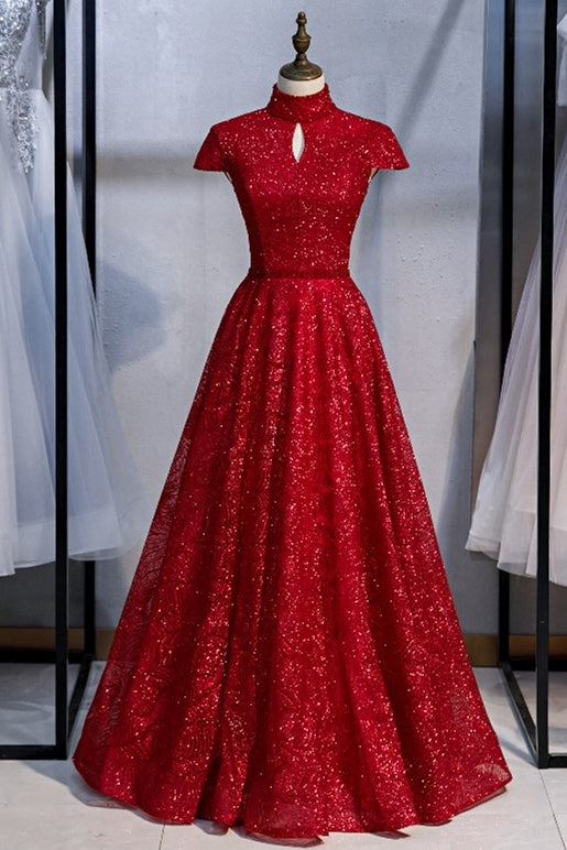 High Neck Red Long Formal Dress with Key Hole