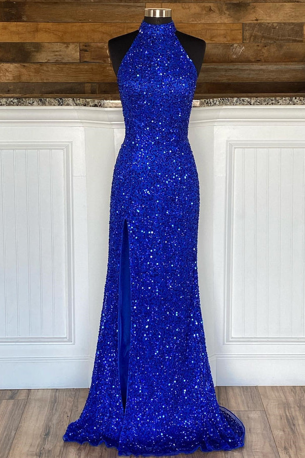 High Neck Royal Blue Sequin Mermaid Long Formal Dress with Detachable Train