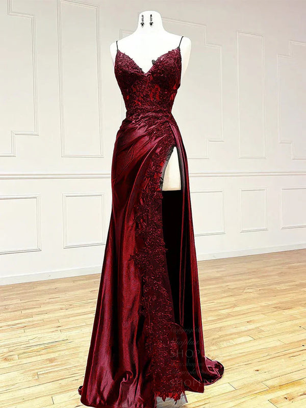 Sexy Mermaid Spaghetti Strap Sleeveless Long Split Prom Dress with Embroidered,SSR1115