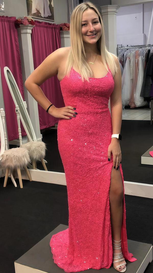 Hot Pink Sequin Mermaid Prom Dress, Lace Up Back Evening Dresses,SSR1043
