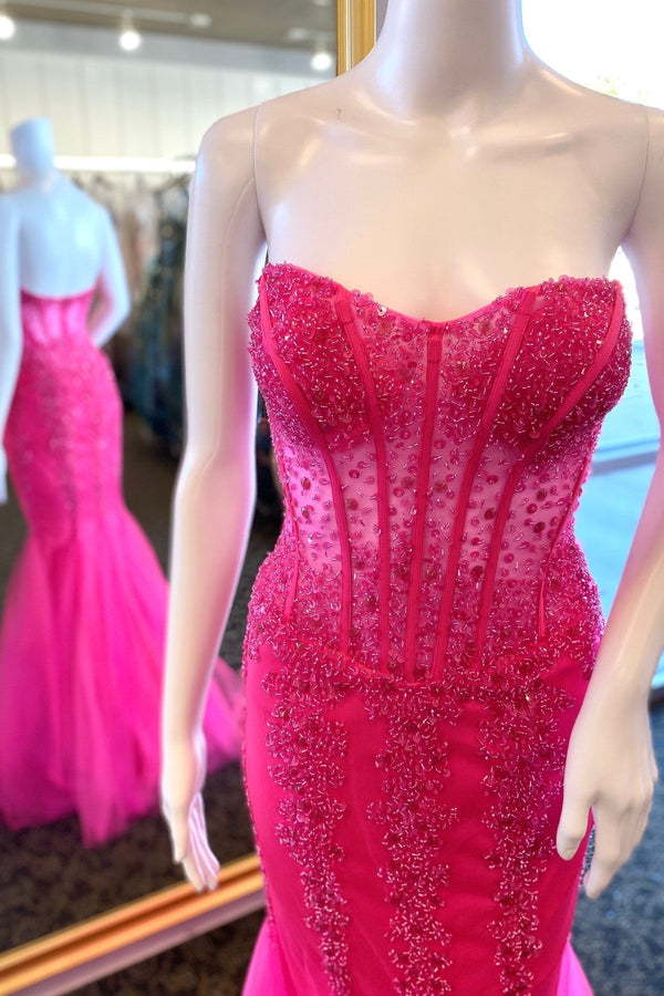 Hot Pink Beaded See Through Corset Mermaid Formal Dress
