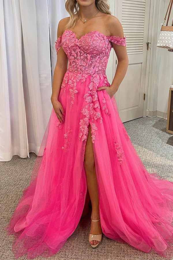 Hot Pink Off the Shoulder Appliques A-line Long Formal Dress