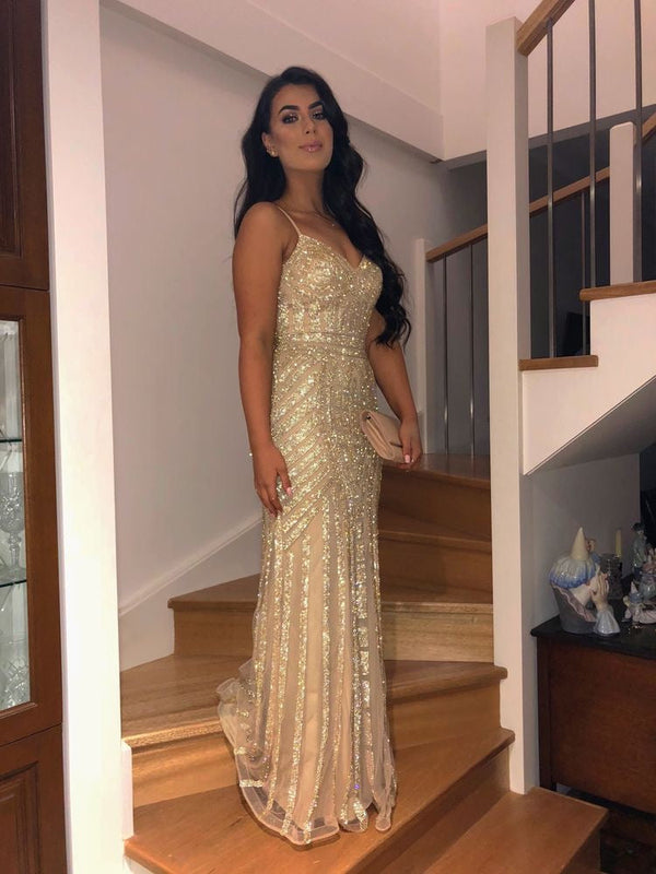 SSR0908,Spaghetti Straps Mermaid Tulle Prom Dresses with Sequins