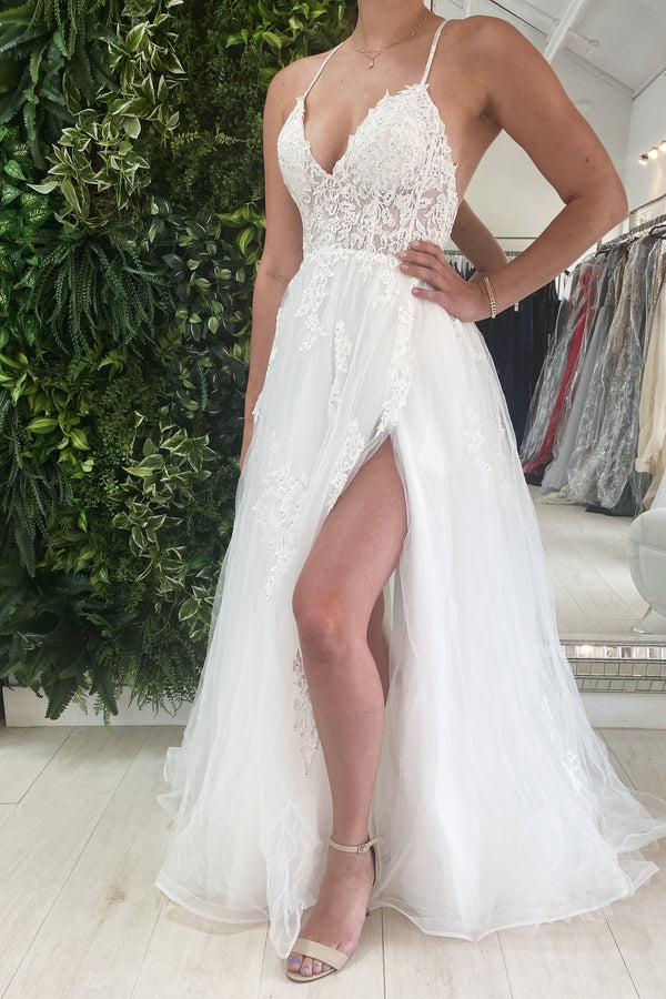 SSR0864,Elegant white lace prom dresses spaghetti straps white evening dresses