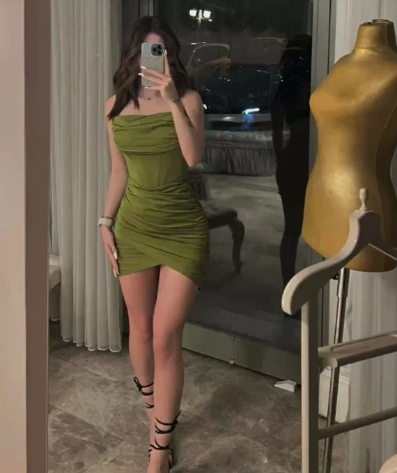 Green Strapless Sheath Mini Party Dress Homecoming Dress Off Shoulder Formal Dress