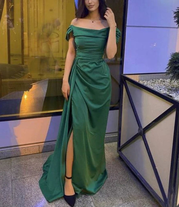 Green Off Shoulder Satin Long Prom Dress Party Dress with Slit Elegant Evening Dress