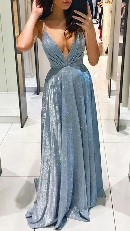 Sexy Shiny Deep V Neck A-Line Long Prom Dress Charming Evening Party Dress