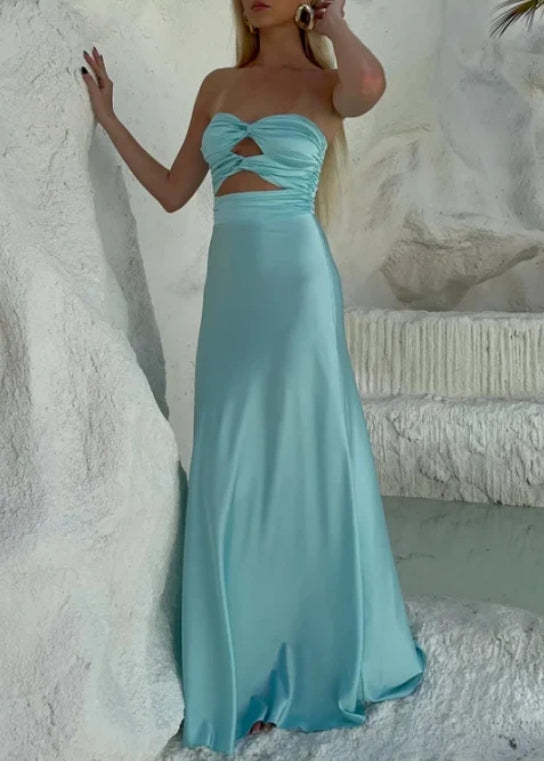 Light Blue Strapless Satin Simple Long Prom Dress Yellow Off Shoulder Sexy Party Dress