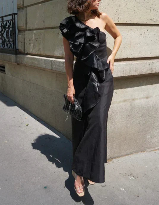 Black A-Line One Shoulder Ruffle Formal Party Dress Elegant Evening Dress