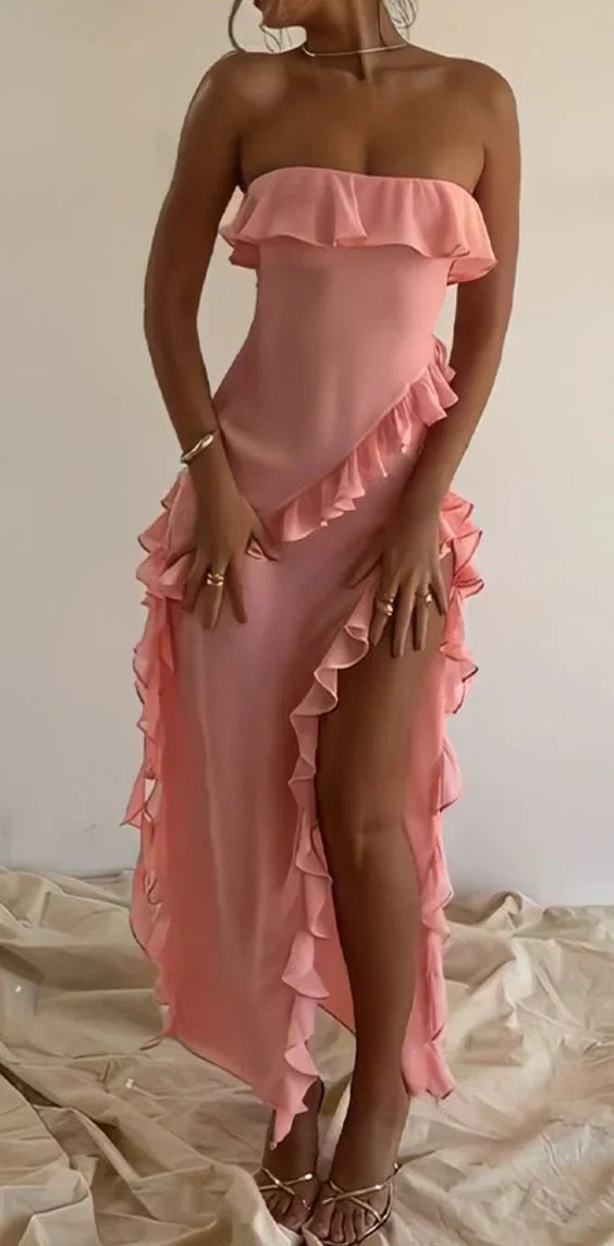 Pink Strapless Ruffles Birthday Outfits Sweet Wedding Guest Dress Off Shoulder Party Dress
