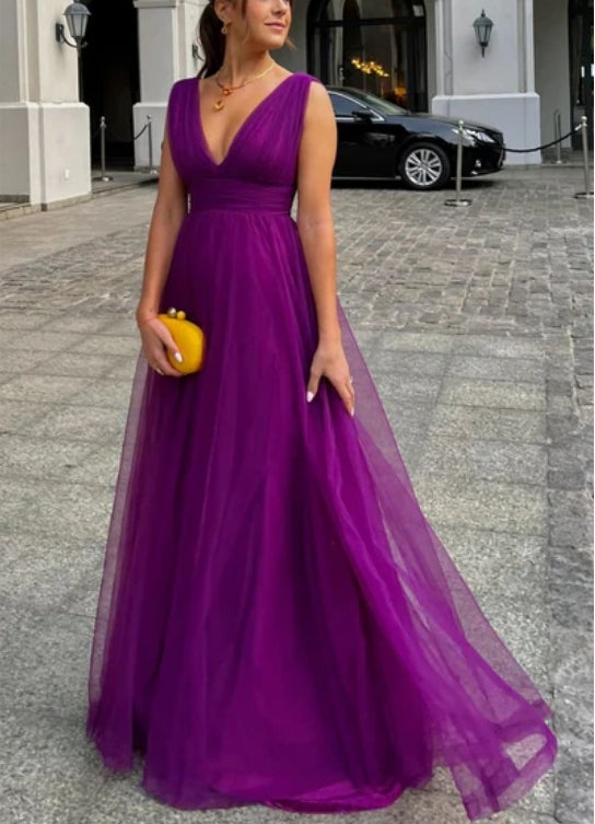 Dark Purple V Neck A-Line Tulle Long Formal Party Dress Sexy Evening Dress Formal Dress
