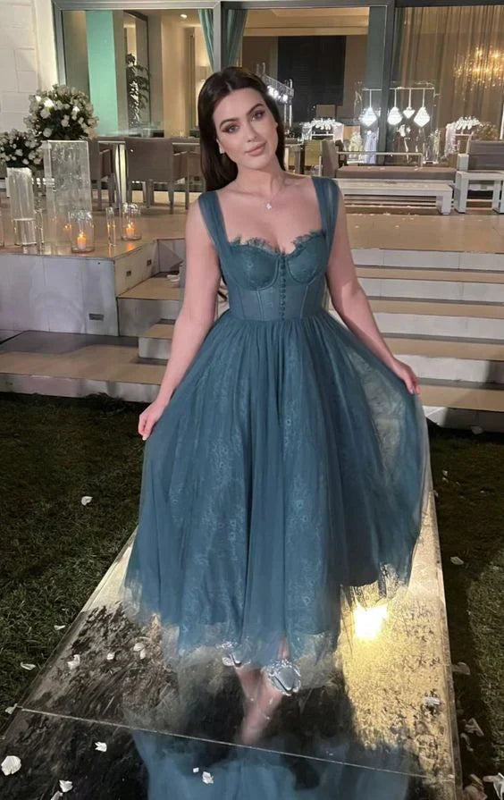 Elegant A-line Straps Tulle Long Formal Party Dress Charming Evening Dress