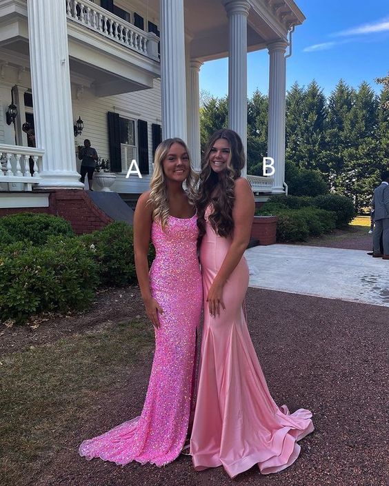 Sparkly Mermaid Scoop Neck Pink Sequin Long Prom Dresses Charming Evening Party Dress