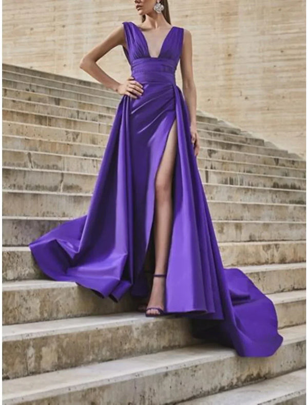 A-Line Celebrity Style Minimalist Elegant Engagement Prom Dress V Neck Sleeveless Court Train Satin with Slit Overskirt Sexy Evening Dress