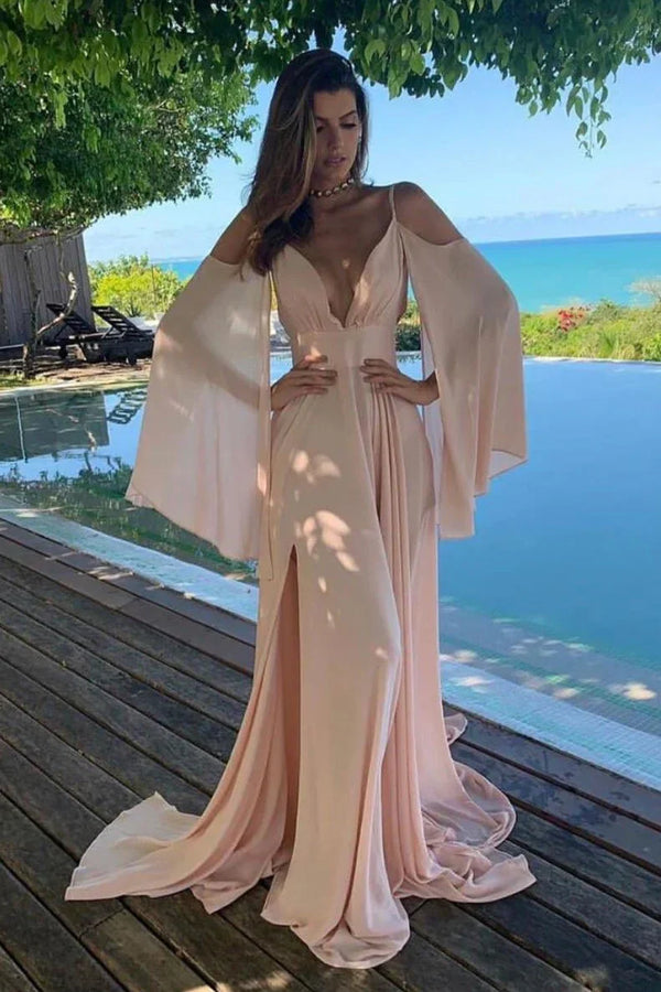 Simple Pink Chiffon Long Prom Dress Sexy Evening Dress Elegant Party Dress With Slit