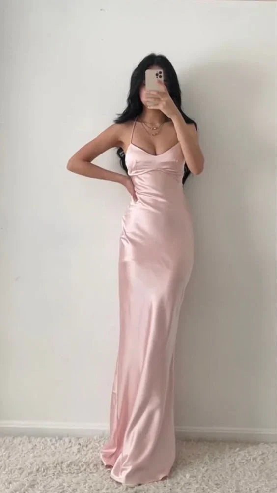 Pink Bodycon Long Prom Dresses With Cross Back Simple Formal Party Dress