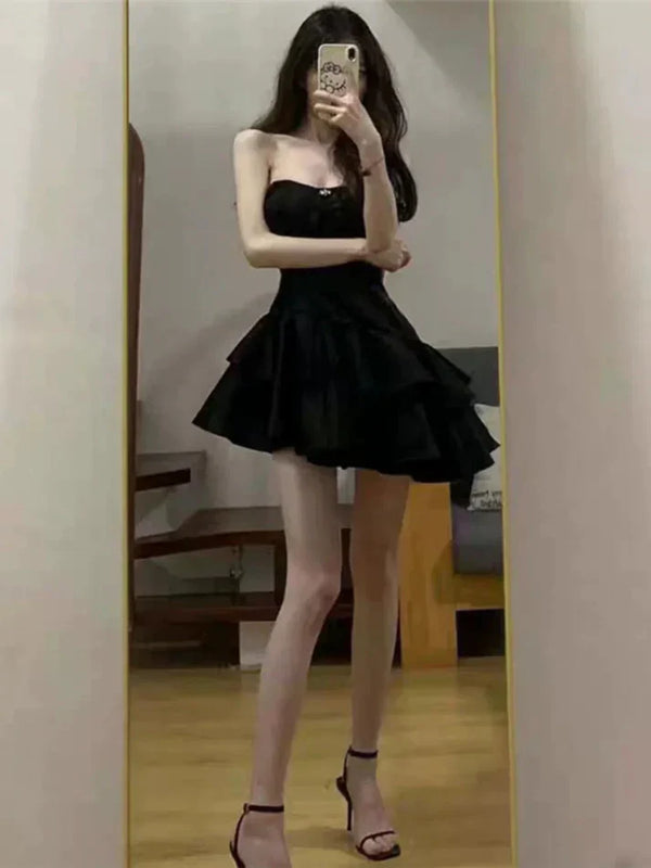 Dress Strapless Black Satin Homecoming Dress 21st Birthday Outfit Simple Party Dress