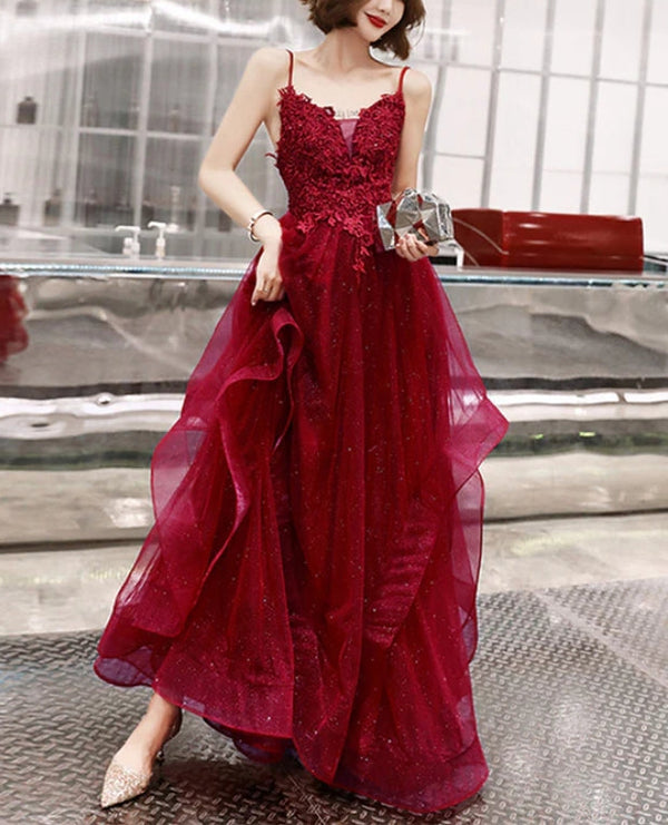 Wine Red Shiny Tulle Layers Straps Party Dress with Lace V-neckline Prom Dress Elegant Evening Dress