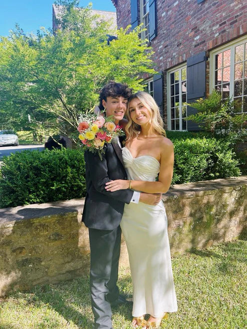 White Strapless Sheath Long Party Dress Simple Graduation Dress Off Shoulder Sexy