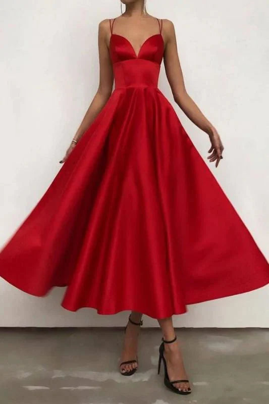 Spaghetti Straps Ruffles Satin Ruby Tea-Length Prom Dresses Charming Evening Party Dress