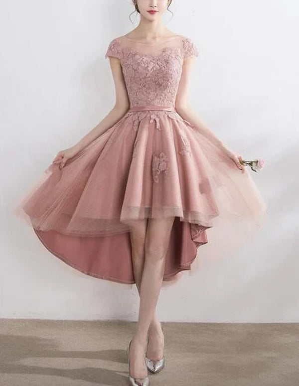 Pink Lace Tulle Cap Sleeves Bridesmaid Dress Lovely Dark Pink Party Dress Cocktail Dress