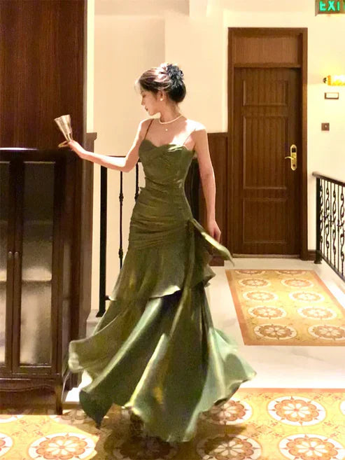 Green Spaghetti Straps A-Line Elegant Long Party Gown Birthday Dress Evening Dress