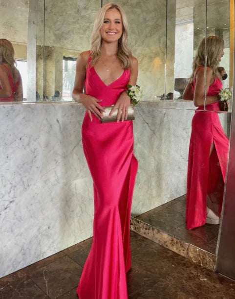 Rose Red V Neck Satin Long prom Dress with Slit Simple Sexy Party Dress Formal Dress