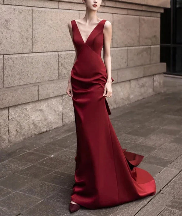 Burgundy V-Neck Satin Backless Long Prom Dress Evening Party Dress Elegant