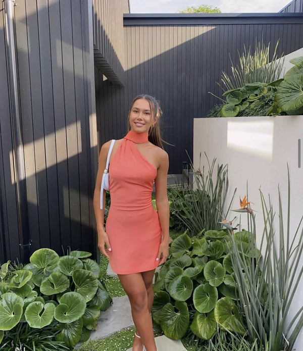 Coral Halter Backless Sheath Sexy Short Party Dress Homecoming Dress Solid Color