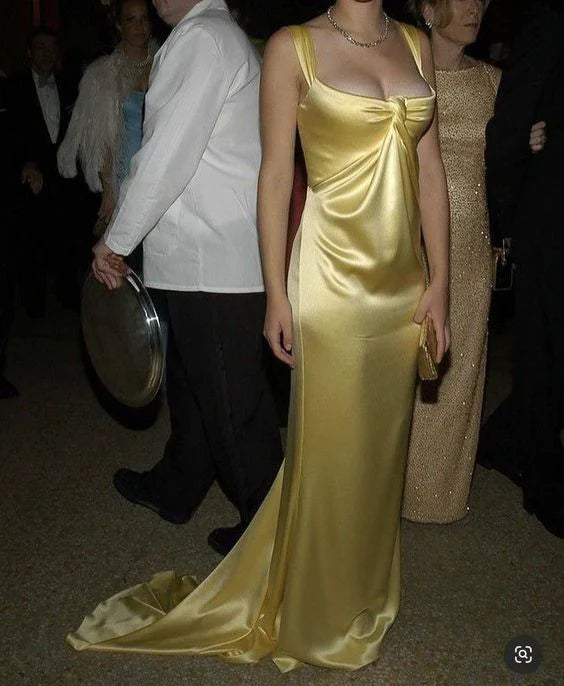Yellow Straps Satin Long Party Dress Formal Evening Dress Floor Length Sexy