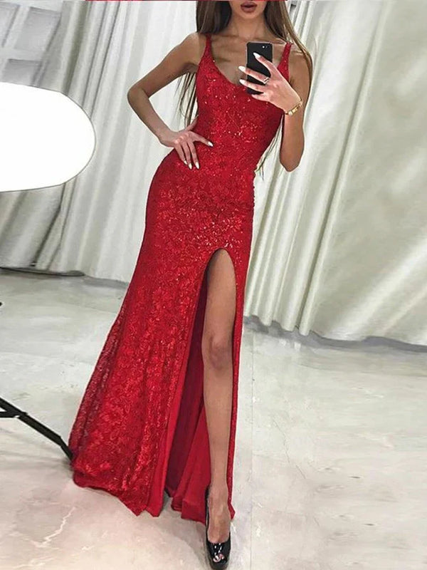 Shimmering Sequined Sheath Prom Dresses With Split Sexy Evening Dress Party Dress Formal Dress