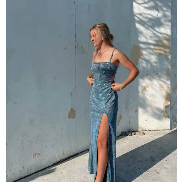 Shiny Spaghetti Straps Backless Long Party Dress with Slit Charming Evening Dress