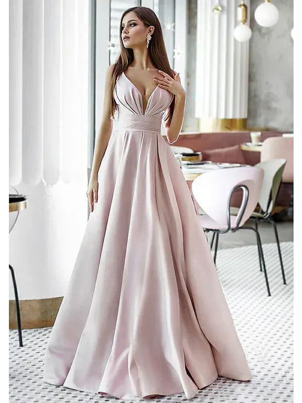 A-Line Elegant Engagement Formal Evening Dress V Neck Sleeveless Sweep Brush Train Satin with Pleats Sexy
