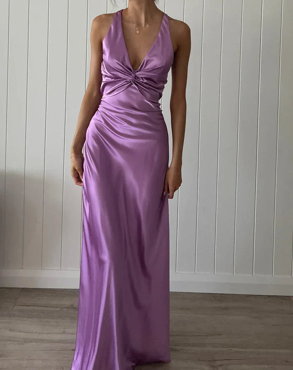Elegant Purple V Neck Open Back Sheath Satin Long Prom Dress Sexy Party Dress