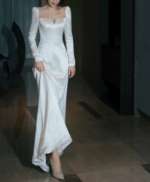 White Long Sleeves Satin Long Party Dress Wedding Dress Elegant Evening Dress Formal Dress