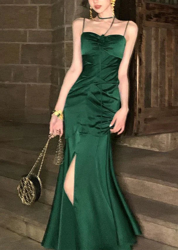 Green Spaghetti Straps Mermaid Satin Long Party Dress Elegant Evening Dress