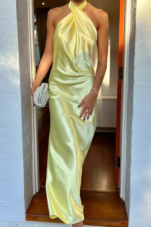 Yellow Halter Backless Long Prom Dress Wedding Guest Dress Elegant Party Dress