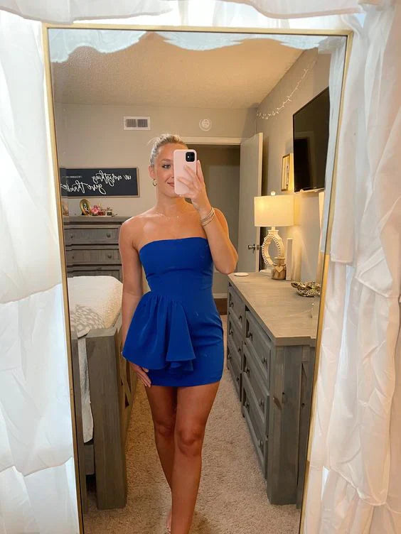 Unique Blue Strapless Short Homecoming Dress Off Shoulder Formal Dress Party Dress