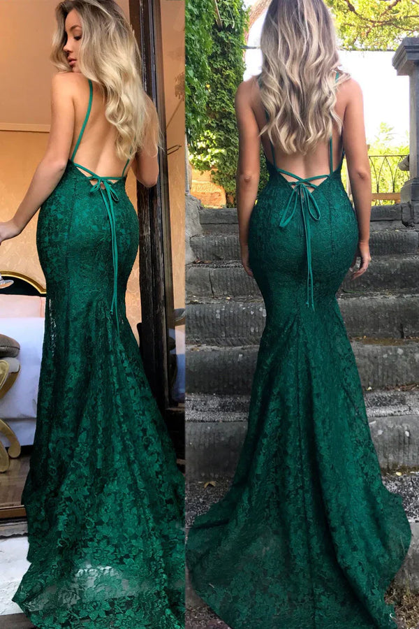 Mermaid Green Lace Long Prom Dress Spaghetti Straps Backless Elegant Evening Party Dress