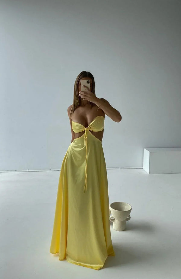 Yellow Strapless Cute Satin Simple A-Line Long Party Dress Off Shoulder Sexy Evening Dress