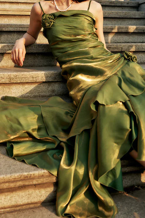 Green Spaghetti Straps Ruffle Vintage Long Prom Dress Maxi Dress Party Dress