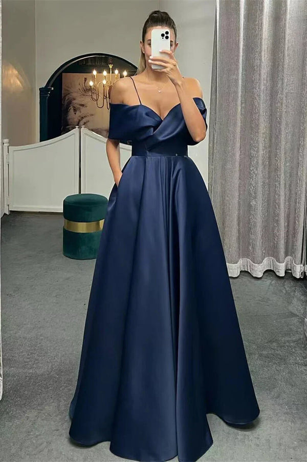Spaghetti Straps Off The Shoulder A Line Lace Up Back Long Evening Dress Sexy Elegant