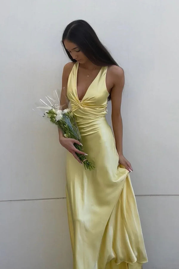 Dress Yellow Simple Prom Dress V Neck Evening Dress Charming Formal Party Dress