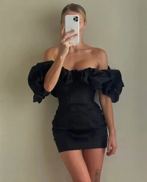 Black Off Shoulder Short Party Dress Satin Homecoming Dress Charming Formal Dress