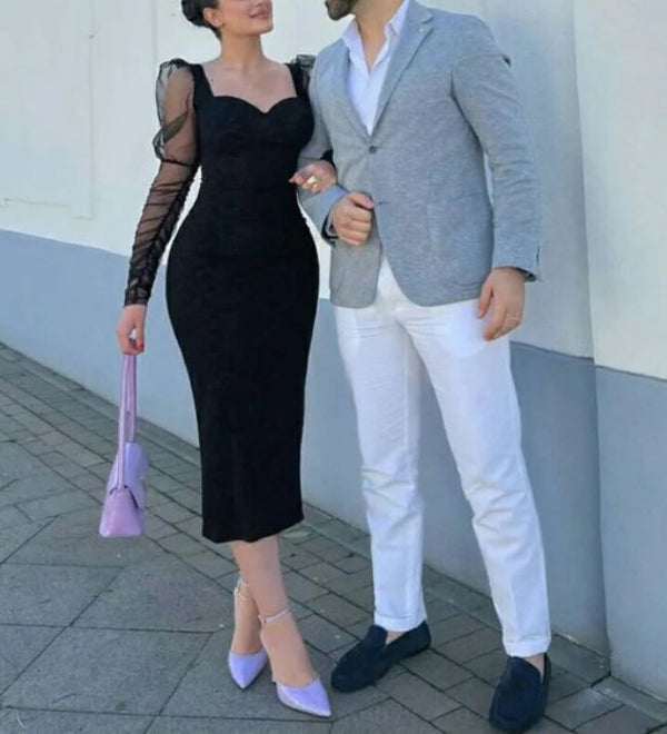 Black Long Sleeves Sheath Midi Evening Party Dress Elegant Formal Dress Cocktail Dress