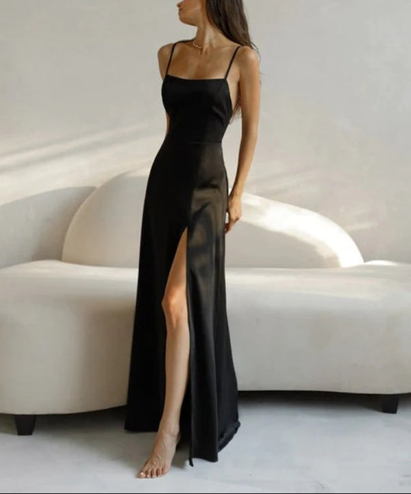 Open-back maxi dress Sexy Evening Dress Black Party Dress Solid Color Formal Dress With Slit