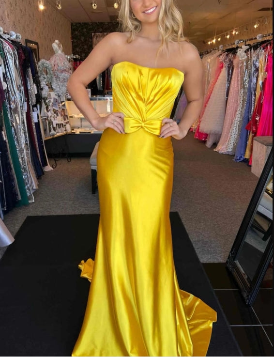 Yellow Strapless Pleated Bow Mermaid Long Prom Dress Off Shoulder Evening Dress Party Dress