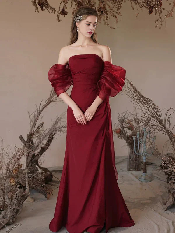 Simple Off Shoulder Satin Burgundy Long Floor-length Prom Dress Evening Dress With Slit